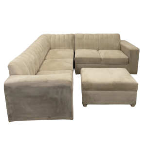Beige Velvet L-Shaped Sofa with Ottoman