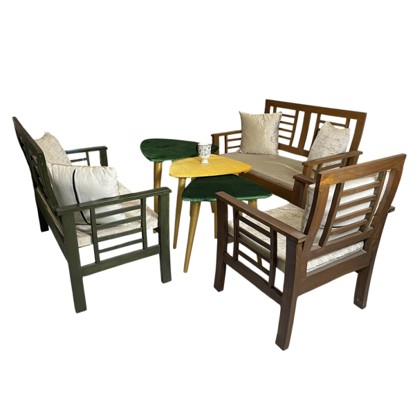 Solid Keeker Wood 5-Seater Sofa Set with Nesting Tables