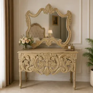 Carved Wood Dressing Table with Mirror Frame