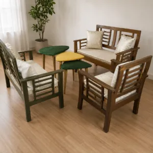 5 seater wood sofa set with nesting tables