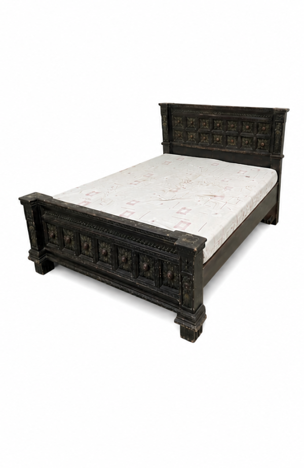 Antique Carved Wooden Bed with Repeating Floral Panels