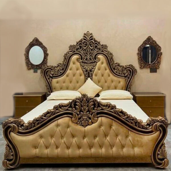 Golden Carved Bed Set with Dressing Table and Side Chairs