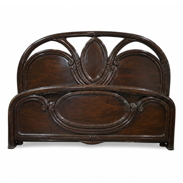 Dark Wood Carved Bed with Flower Design Headboard
