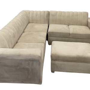 Beige Velvet L-Shaped Sofa with Ottoman