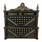 Black Bed with Gold Silver Studded Design and Carved Top