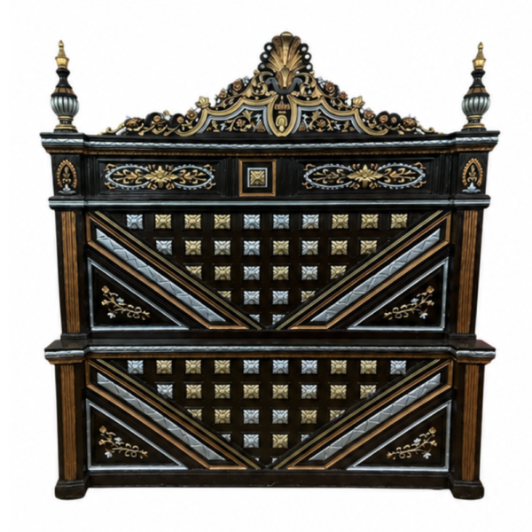 Black Bed with Gold Silver Studded Design and Carved Top