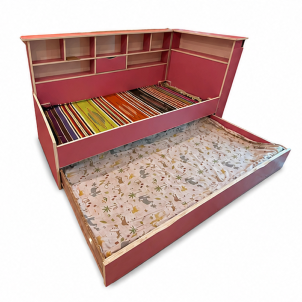 Pink Storage Bed with Bookshelf Headboard