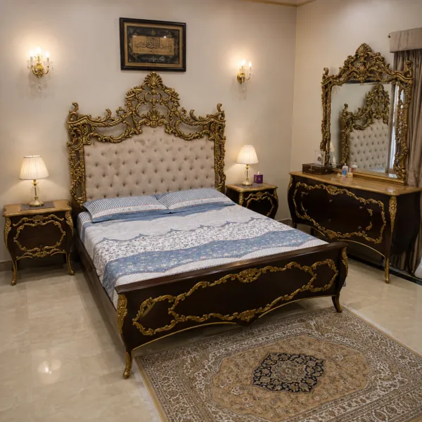 Ornate Gold Carved King Bedroom Set with Mirror