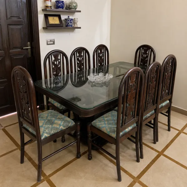 Glass Top Dining Table with 8 Carved Wood Chairs