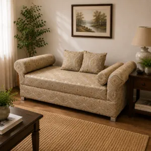 Beige patterned fabric sofa with rolled arms