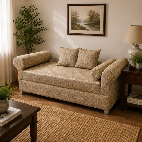 Beige Patterned Fabric Sofa with Rolled Arms