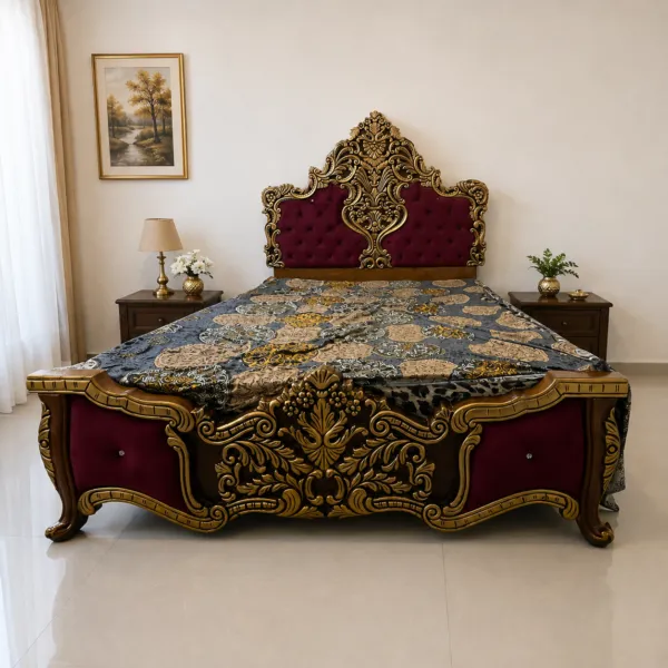 Carved Wood Bed Frame with Tufted Headboard