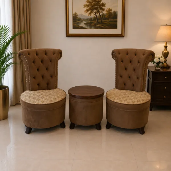 Pair of Tufted Accent Chairs and Round Table