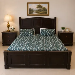 Dark wood bed frame with 2 matching side tables