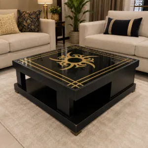 Black lacquer center table with gold inlay design