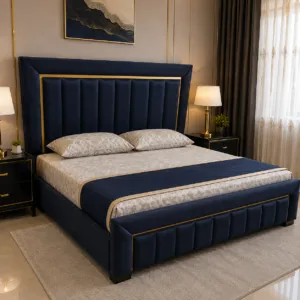 Navy velvet channel tufted bed frame with gold trim