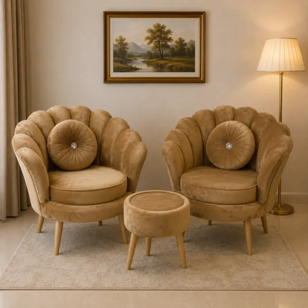 Tan Velvet Shell Back Chairs with Ottoman