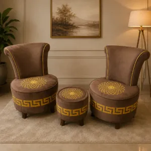 Brown velvet wing chairs with matching round ottoman