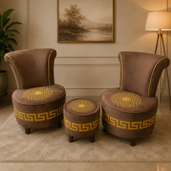 Brown Velvet Wing Chairs with Ottoman