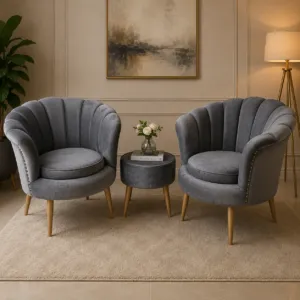 Grey velvet shell back chairs with matching round ottoman