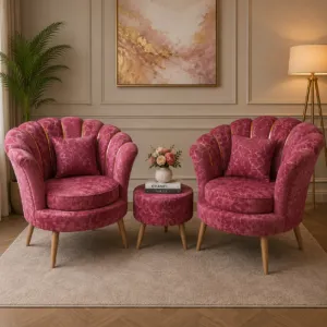 Pink velvet shell back chairs with matching round ottoman