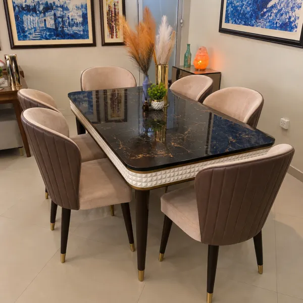 Black Marble Top 6 Seater Dining Table Set