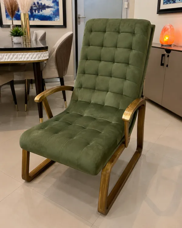 Green Tufted Lounge Chair with Wooden Arms