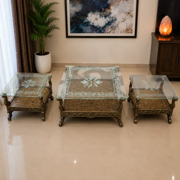 Gold Carved 3 Piece Glass Table Set
