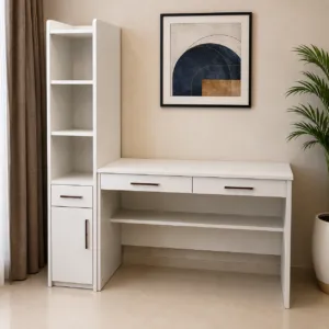 white study desk and storage cabinet with drawers and open shelves