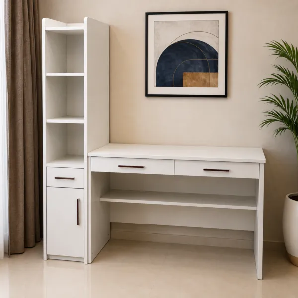 White Study Desk with Storage Cabinet