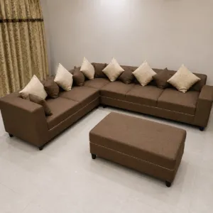 brown 7 seater L shape sofa set with ottoman and cushions