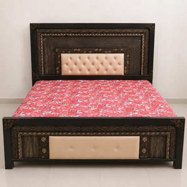 Carved Steel Bed with Tufted Headboard
