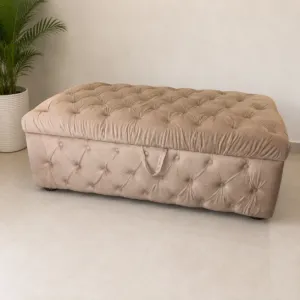 beige velvet tufted storage ottoman with hinged lid
