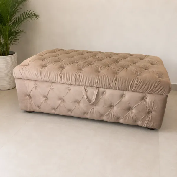 Beige Velvet Tufted Storage Ottoman
