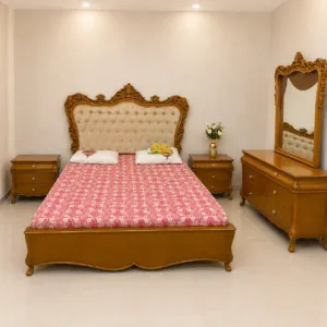 golden carved bed set with tufted headboard, two side tables and dressing table with mirror