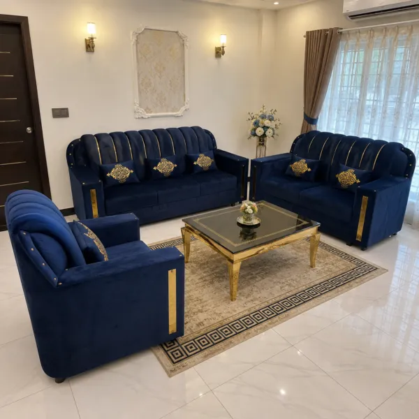 Blue Velvet 6 Seater Sofa Set