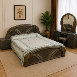 Gray Carved Bed Set With Dressing Table And Stool