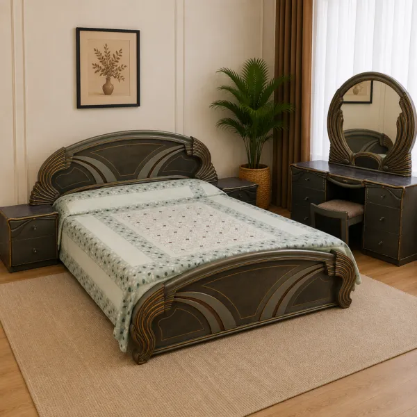 Gray Carved Bed Set With Dressing Table