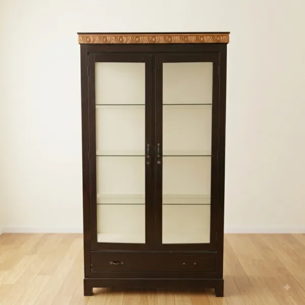 Wood Display Cabinet with Glass Doors and Shelves