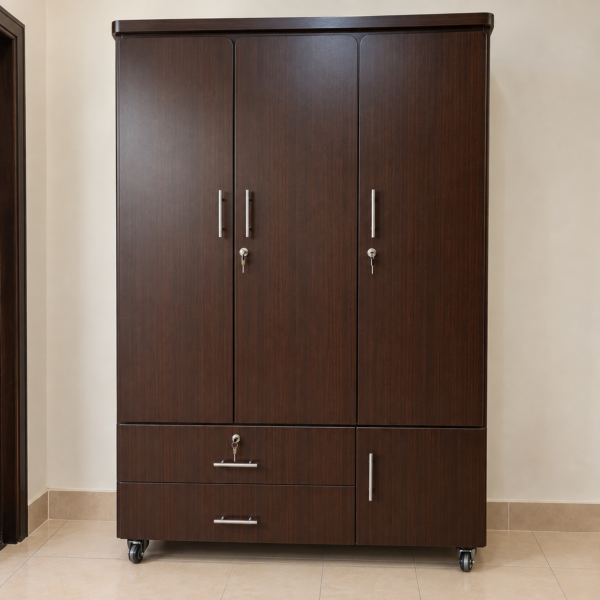 3 Door Wardrobe with Lockable Drawers and Castor Wheels
