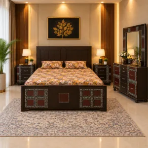 Bed Set with Silver Rope Trim and Dressing Table