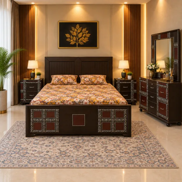 Espresso Silver Trim Bed Set with Dressing Table