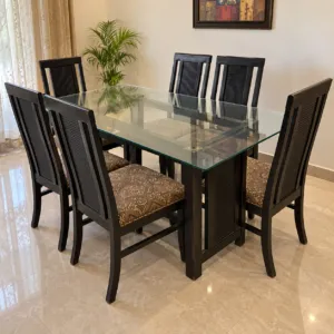 Black Glass Top Dining Table with 6 Chairs