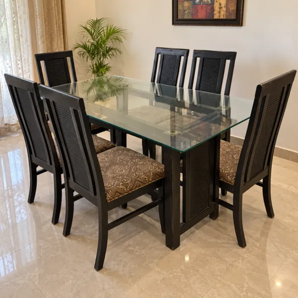 Black Glass Top Dining Table with 6 Chairs