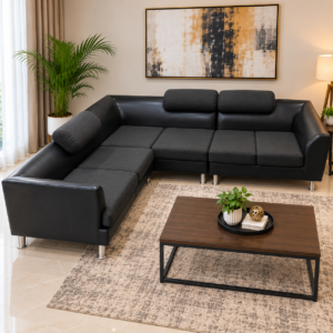 Black L Shaped 6 Seater Sectional Sofa with Bolster Arms