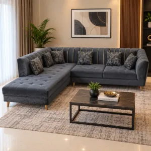 Black Velvet L Shaped Sofa With Gold Piping