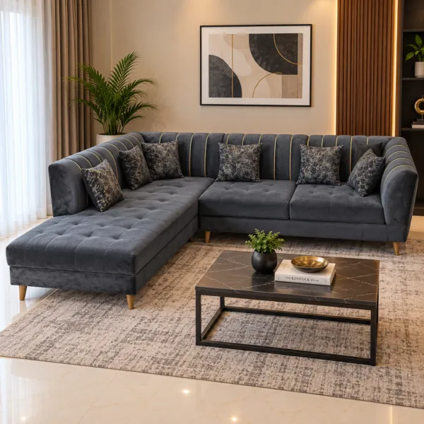 Black Velvet L Shaped Sofa With Gold Piping