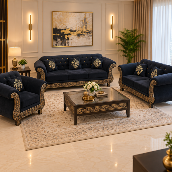 Carved Gold Frame Black Velvet 6 Seater Sofa Set