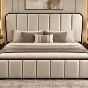 Channel Tufted Ivory Velvet Bed Frame with Mahogany Trim