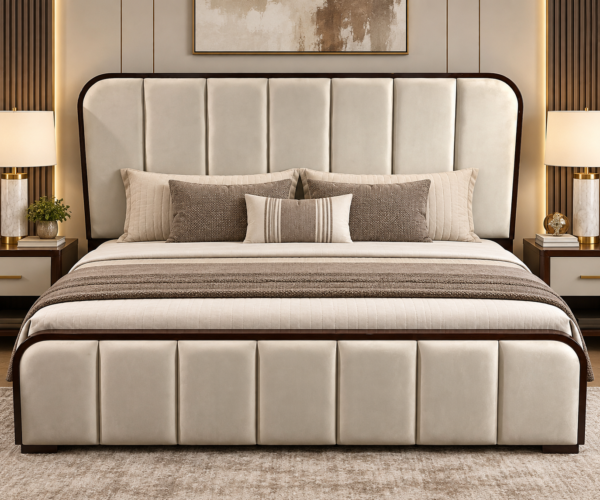 Channel Tufted Ivory Velvet Bed Frame with Mahogany Trim